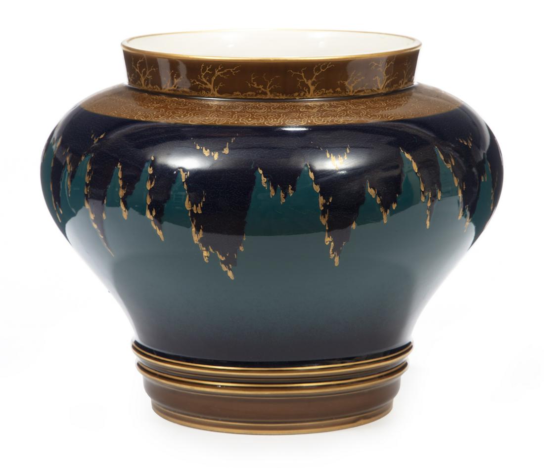 Hermann Seger for KPM Porcelain Jardiniere: Large Hermann Seger for KPM Porcelain Jardiniere , late 19th c., marked on removable drain cover "S.gr.P" with scepter, also impressed "M491", blue and green ground, with elaborate gilt designs, h. 13