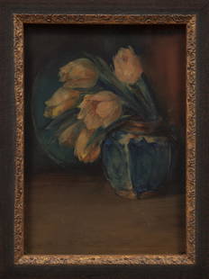 Ellsworth Woodward (American/Louisiana, 1861): Ellsworth Woodward (American/Louisiana, 1861-1939) , "Still Life of Vase with Tulips", watercolor on board, pencil-initialed lower right, "Dr. James W. Nelson Collection, Gonzales, LA" label with arti