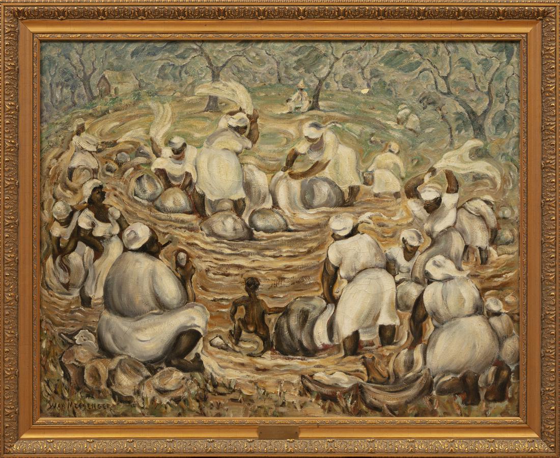 Ivan Messenger (American/California, 1895-1983): Ivan Messenger (American/California, 1895-1983) , "Wash Day", oil on canvas, signed lower left, 29 1/4 in. x 37 in., framed with artist and title plaque.