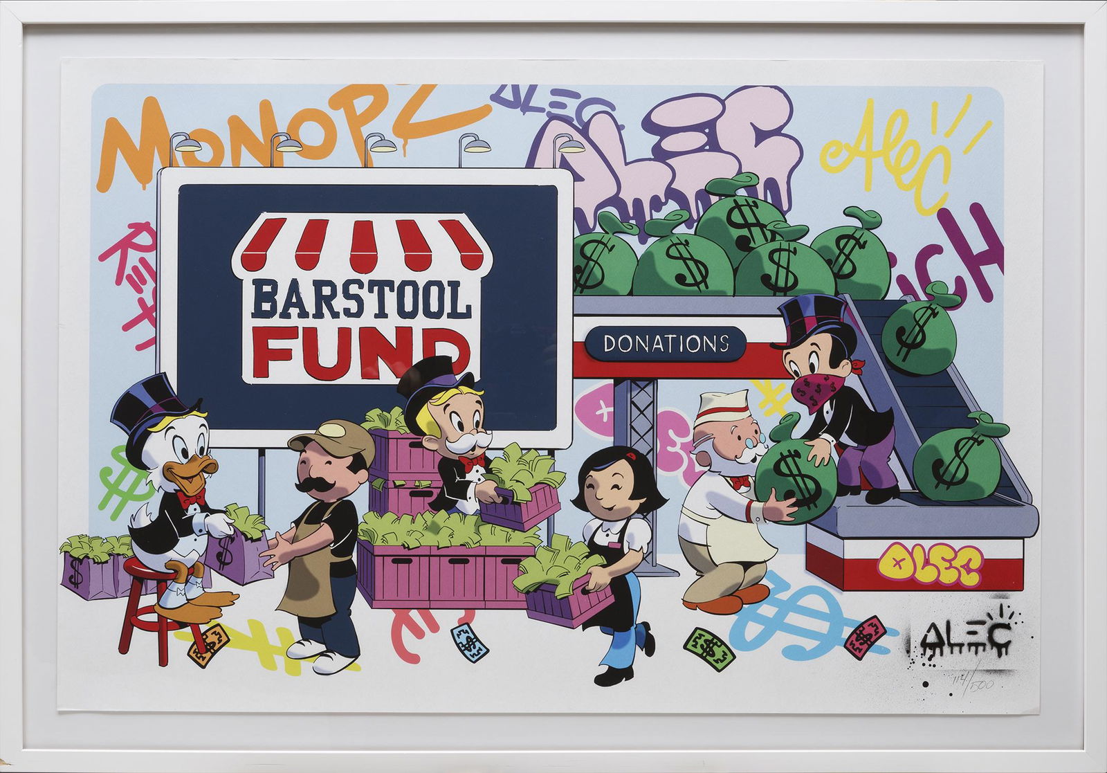 Alec Monopoly (Alec Andon) (American/New York): Alec Monopoly (Alec Andon) (American/New York, 20th c.), "Monopz Saves Small Biz (Barstool Fund)", 2021, screenprint, stencil-signed and pencil-numbered "114/500" lower right, 24 in. x 36 in., framed.