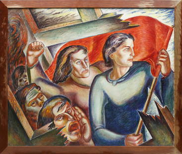 Leon Bibel (Polish/American, 1913-1995): Leon Bibel (Polish/American, 1913-1995), "Flagbearers", oil on canvas, unsigned, artist estate stamp and "Park Slope Gallery, Brooklyn, NY" label stretcher, 29 3/4 in. x 35 1/2 in., framed. Provenance