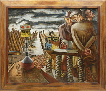 Leon Bibel (Polish/American, 1913-1995): Leon Bibel (Polish/American, 1913-1995), "Dead End", 1938, oil on canvas, signed and dated lower right, titled on stretcher, "Park Slope Gallery, Brooklyn, NY" label on reverse of frame, 30 in. x 36 i