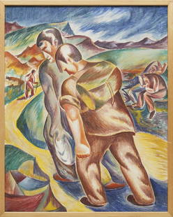 Leon Bibel (Polish/American, 1913-1995): Leon Bibel (Polish/American, 1913-1995), "Migration", oil on canvas, unsigned, 2 artist estate stamps en verso, 29 5/8 in. x 23 1/2 in., framed.