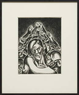 Leon Bibel (Polish/American, 1913-1995): Leon Bibel (Polish/American, 1913-1995), "Anguished Man in a Crowd", ink on board, unsigned, artist estate stamp en verso, "Park Slope Gallery, Brooklyn, NY" label on backing board, 12 1/8 in. x 9