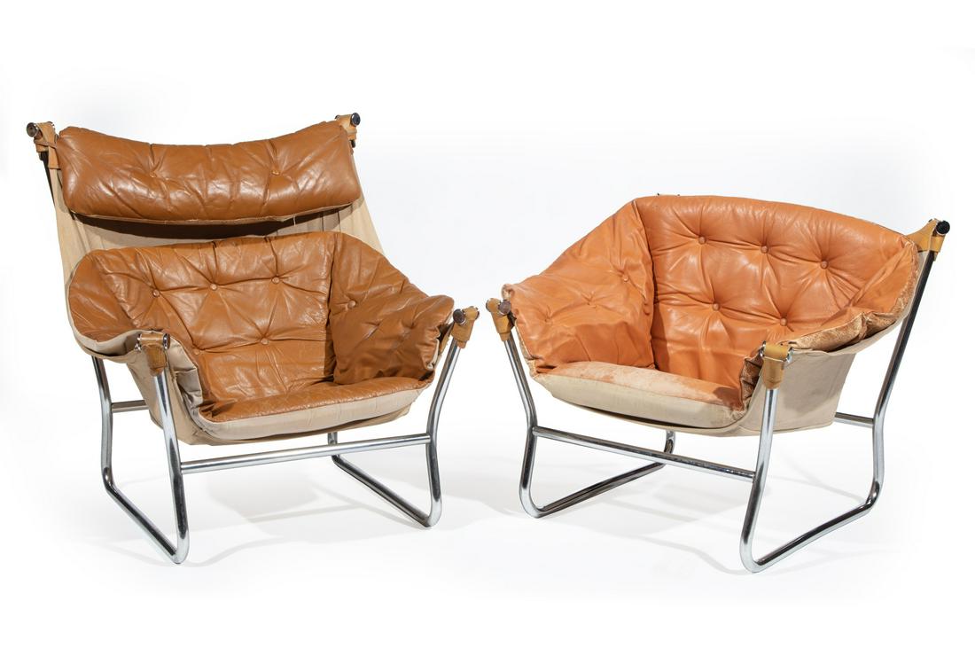 Tormod Alnaes for Sorlie Mobler Lounge Chairs: Two Tormod Alnaes for Sorlie Mobler "Trega" Lounge Chairs, 1970s, canvas and leather slings, leather cushions, chromed steel bases, taller h. 35 1/4 in., w. 33 in., d. 32 in.; smaller h. 27 in., w. 33