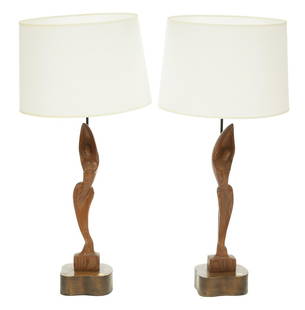 Heifetz Oak and Mahogany Figural Table Lamps: Pair of Heifetz Oak and Mahogany Figural Table Lamps, 1950s, impressed mark, male and female figures, h. (to top of shade) 37 in. Provenance: Rago Auction, March 4, 2014, lot 1249