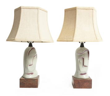 Pair of Yasha Heifetz Ceramic Lamps: Pair of Yasha Heifetz Ceramic Lamps, 20th c., impressed mark on wood base, h. (to finial) 24 in.