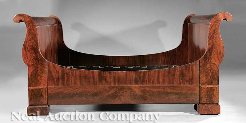 Mahogany Sleigh Bed, attributed to Phyfe: A Fine American Late Classical Mahogany Sleigh Bed, c. 1830, attributed to Duncan Phyfe, New York, scrolled head and foot boards, inverted bow rails, plinth feet, finely figured veneers throughout, he