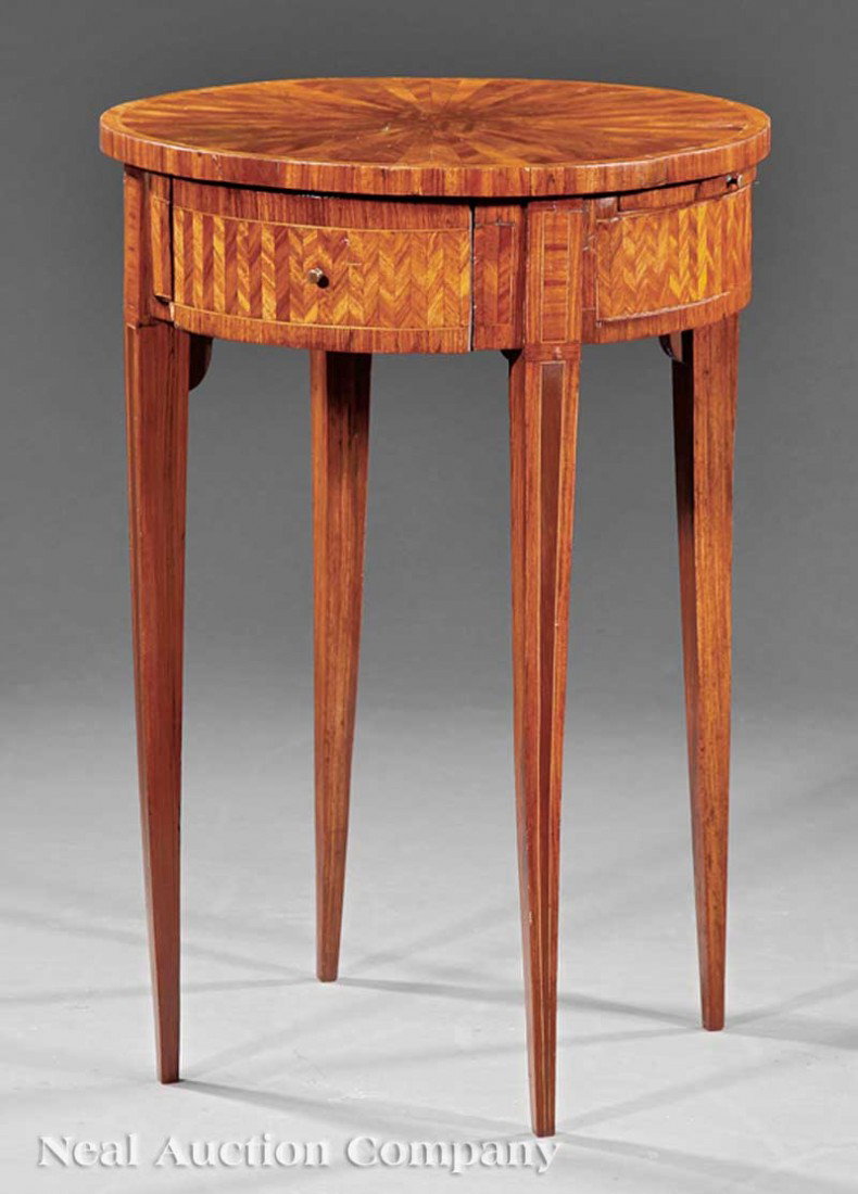 Neoclassical Kingwood Parquetry Gueridon: A Continental Neoclassical Kingwood Parquetry Gueridon, early 19th c., probably Italian, segmented circular top, the frieze with candle slide and one drawer, square tapering legs, height 22 1/2 in., w