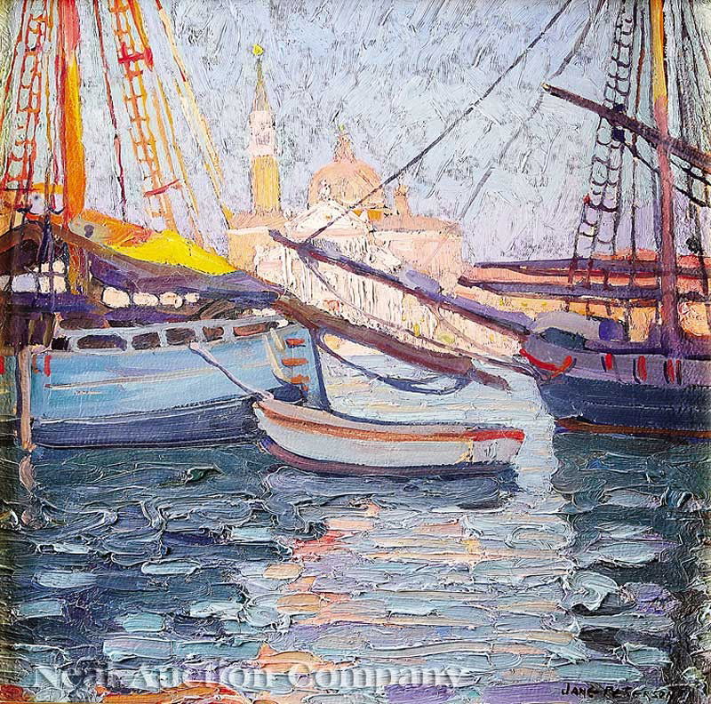 Jane Peterson (American, 1876-1965): Jane Peterson (American, 1876-1965), "A Venetian Scene: San Giorgio Maggiore", oil on board, signed lower right, 17 in. x 17 in., in a giltwood Arts and Crafts-style frame, “D. Wigmore Fine Art, Inc