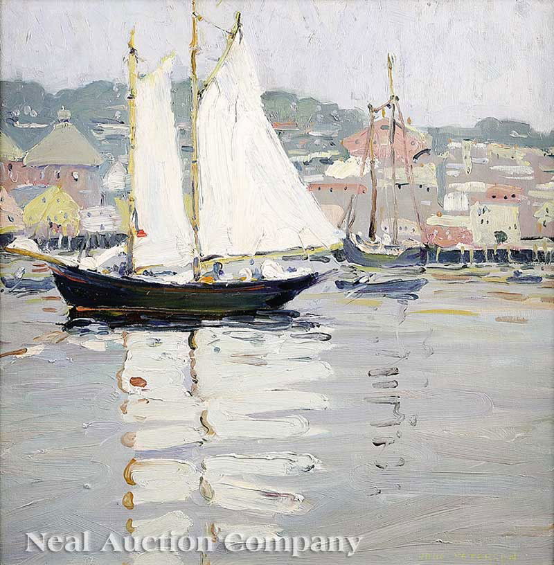 Jane Peterson (American, 1876-1965): Jane Peterson (American, 1876-1965), "Sailboat, Gloucester Harbor", oil on canvas, signed lower right, "D. Wigmore Fine Art, Inc., New York, NY" label en verso, 18 1/4 in. x 18 1/4 in., in a giltwood