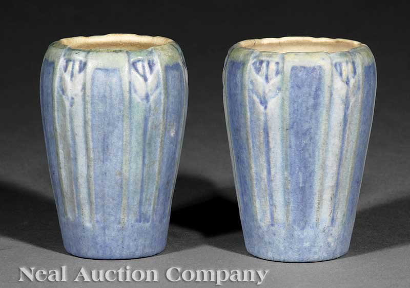 Newcomb College Art Pottery Matte Glaze Vases: A Pair of Newcomb College Art Pottery Matte Glaze Vases, 1930s, decorated by Sadie Irvine with a relief-carved wild rice design, base inscribed "Educational Exhib'n" and marked with Newcomb cipher and