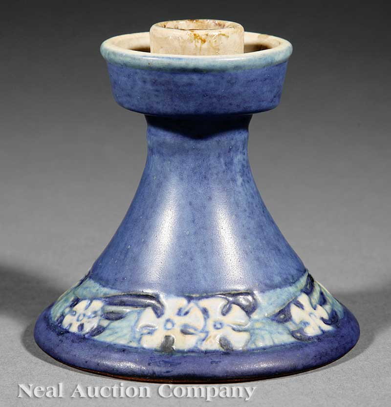 Newcomb College Art Pottery Candlestick: A Newcomb College Art Pottery Semi-Matte Glaze Candlestick, 1929, decorated by Anna Frances Simpson with a relief-carved jasmine motif, base marked with Newcomb cipher, decorator's mark, reg. no. RU85