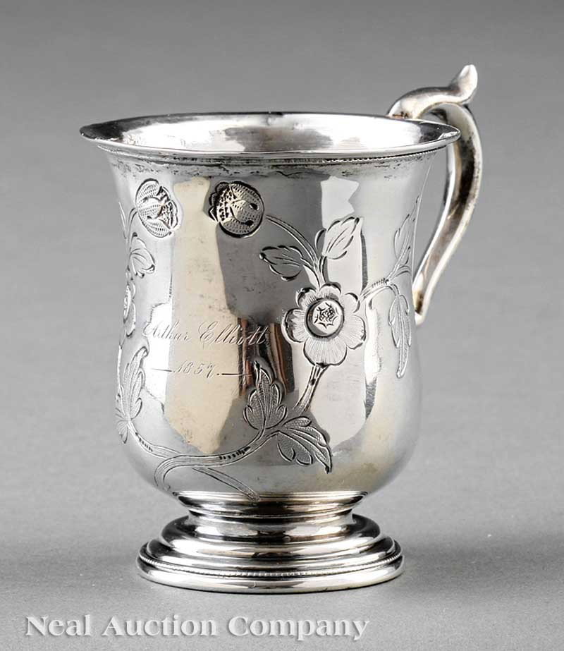 Coin Silver Cup, William Henry Calhoun: A Tennessee Coin Silver Cup, William Henry Calhoun, Nashville, wc. 1835-1865, marked "W.H. CALHOUN" in a rectangle, footed urn form with scroll handle, floral chasing, reserve engraved "Arthur Elliott
