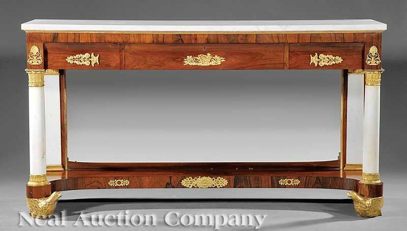 Bronze-Mounted Rosewood Side Table, Lannuier: A Fine American Classical Bronze-Mounted Rosewood Side Table, early 19th c., New York, probably Charles Honore Lannuier or Duncan Phyfe, white marble top, three inset frieze drawers, distinctive fall