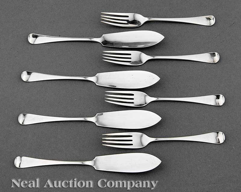 Edwardian Sterling Silver Fish Service: An English Edwardian Sterling Silver Fish Service for Sixteen, Sheffield, 1903, maker CJA untraced, comprised of 16 fish forks and 16 fish knives, total weight 49.80 troy ozs., (32 pcs.)
