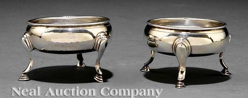 Thomas Shepard Sterling Silver Salts: A Pair of George III Sterling Silver Salts, Thomas Shepard, London, 1784, circular with hoof feet, diameter 2 3/4 in., weight 2.5 troy ozs