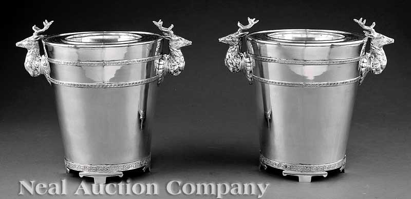 Pair of Silverplate Wine Buckets: A Decorative Pair of Silverplate Wine Buckets, with stag handles, tapering cylindrical form with Greek key bands, removable liner, height 10 3/4 in