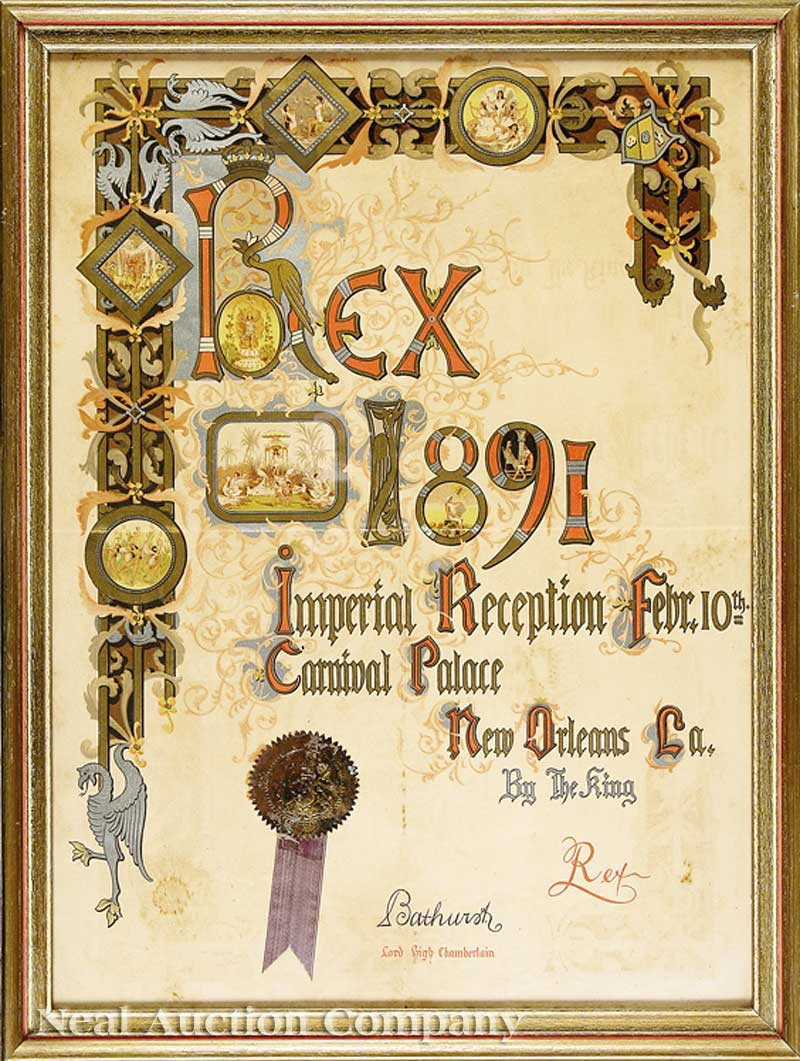 Rex ball invitation, February 10th, 1891: [Mardi Gras], Rex ball invitation, February 10th, 1891, theme: "Visions" Note: In 1891 Rex printed the largest Mardi gras ball invitation ever produced at that time. Due to their size, the invitations