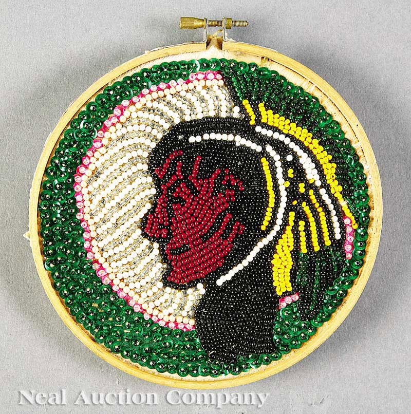 Ferdinand Bigard, Sr. (American/New Orleans): Ferdinand Bigard, Sr. (American/New Orleans, 1928-2001), "Beaded Mardi Gras Indian Medallion", 1992, signed and dated on the embroidery hoop, 6 1/4 in. x 6 1/4 in.; together with Bigard's biography si