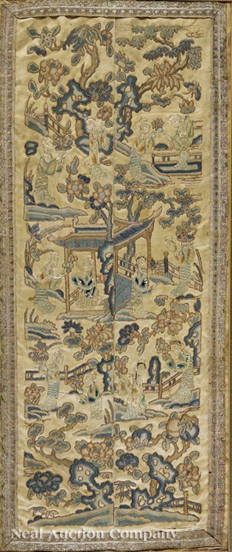 Pair of Chinese Embroidered Silk Sleeve Bands: A Pair of Chinese Embroidered Silk Sleeve Bands, 19th c., picked out in satin and knot stitch with couched metallic thread, depicting female figures in a garden landscape on a cream silk ground, sewn 
