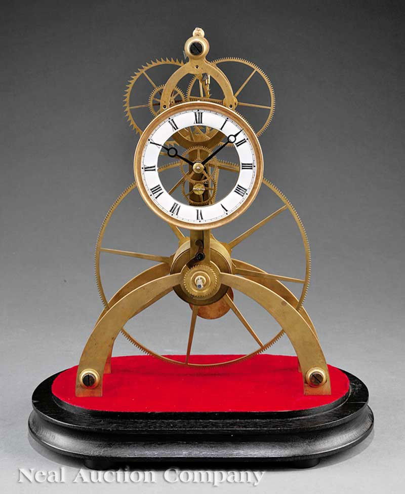Continental Brass Skeleton Clock,: A Continental Brass Skeleton Clock, 20th c., modeled after the "Great Wheel" antique clocks of the 19th c., enameled dial, presented under blown glass dome on ebonized oval stand, height 20 in., width