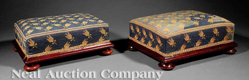 Pair Carved Mahogany Footstools: A Pair of English or American Carved Mahogany Footstools, mid-to-late 19th c., stylized tulip needlepoint upholstery, suppressed ball feet