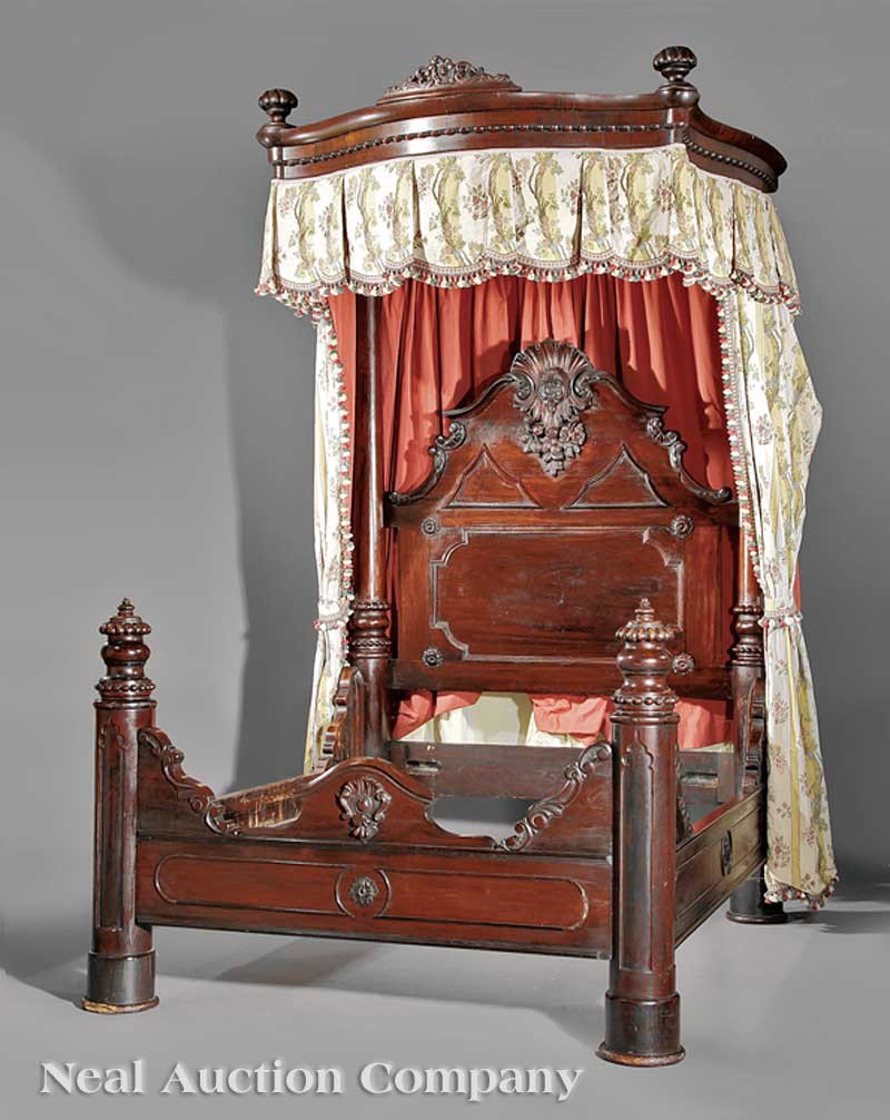 Carved Rosewood, Rosewood-Grained Bedroom Suite: An American Rococo Carved Rosewood and Rosewood-Grained Bedroom Suite, mid-19th c., probably New Orleans, in the manner of Prudent Mallard, comprising a half tester bed, related winged armoire, matchi