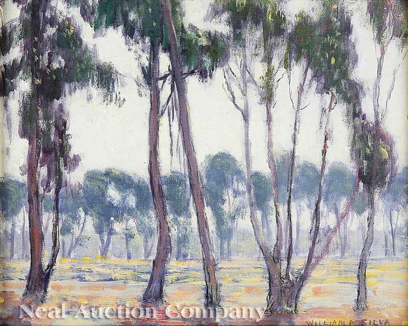 William Posey Silva (American, 1859-1948): William Posey Silva (American, 1859-1948), "Row Eucalyptus, California Evening", oil on canvas laid down on board, signed lower right, artist label en verso, 8 in. x 10 in., attractively framed