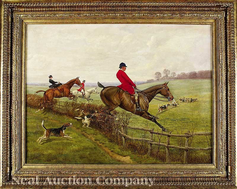Edward Algeron Stuart Douglas (England, 1850): Edward Algeron Stuart Douglas (England, 1850-1920), "Following The Hounds", oil on canvas, signed lower left, 18 in. x 24 1/4 in., in a carved giltwood frame
