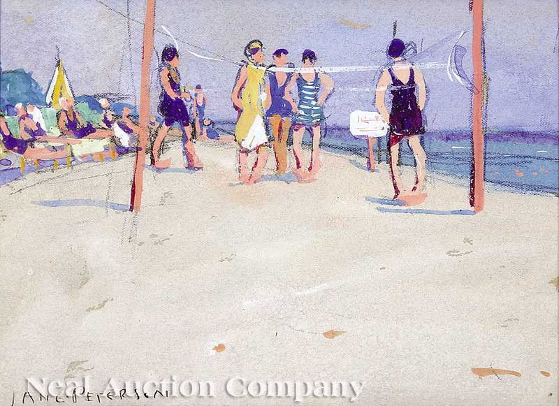 Jane Peterson (American, 1876-1965): Jane Peterson (American, 1876-1965), "At the Breakers, Palm Beach", c. 1925, gouache on paper, signed lower left, "D. Wigmore Fine Art, Inc., New York, NY" label en verso, 5 1/2 in. x 7 3/4 in., matte