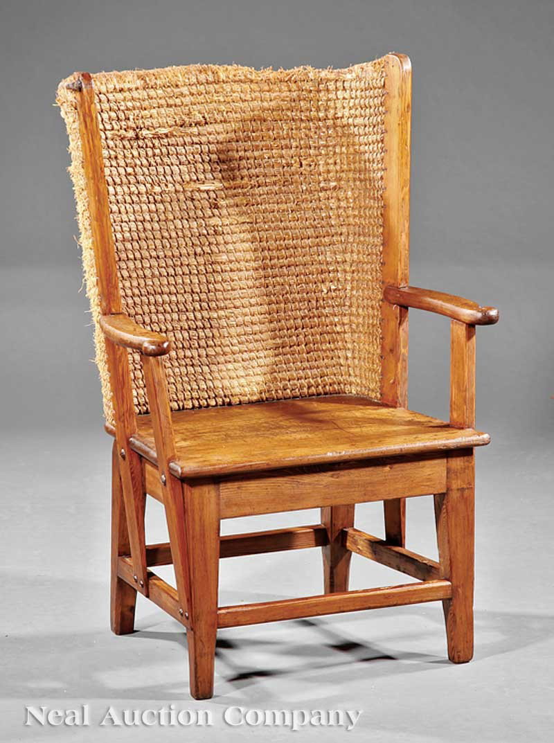 Orkney Islands Child's Chair: An Orkney Islands Child's Chair, 19th c., woven straw barrel back, the uprights connected to scrolled arms, plank seat, molded tapered square legs, stretchers