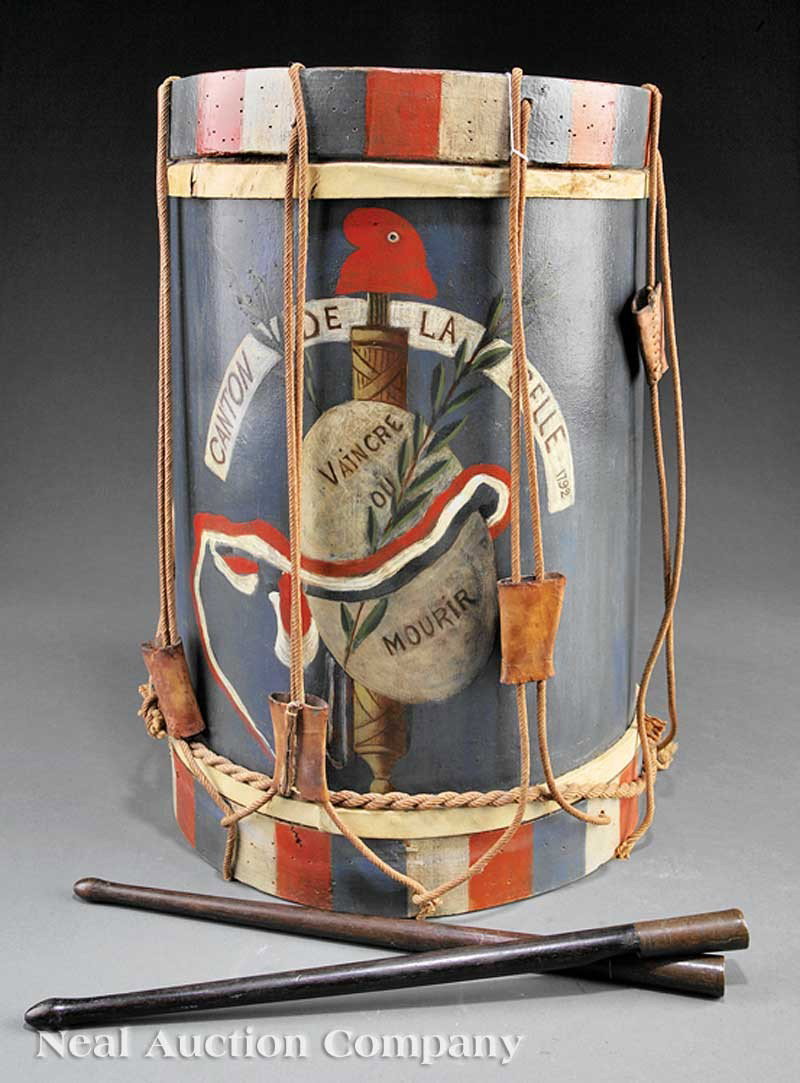 Paint-Decorated Drum with Drumsticks: An Antique Paint-Decorated Drum with Drumsticks, 19th c., probably Swiss, metal body with wooden rims, rope and leather tensioners, painted symbol of liberty of "Canton de la Celle, 1792/ Vaincre on M