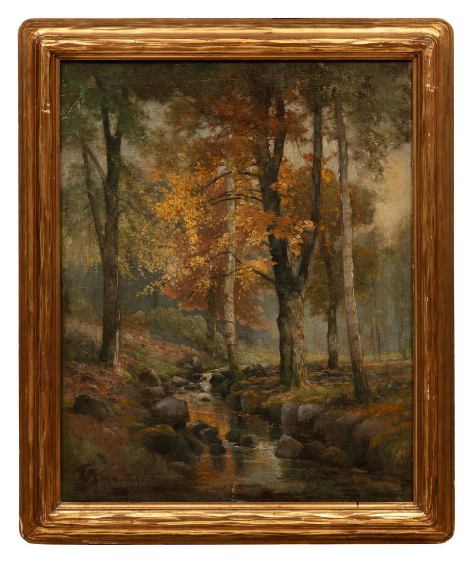 Eugene Leslie Smyth (American/New York, 1857): Eugene Leslie Smyth (American/New York, 1857-1932), "Landscape with Creek", oil on canvas, signed lower left, 30 in. x 24 in., framed. Condition: Overall poor condition. Ext. Frame: 35 1/8 in. x 29 1/
