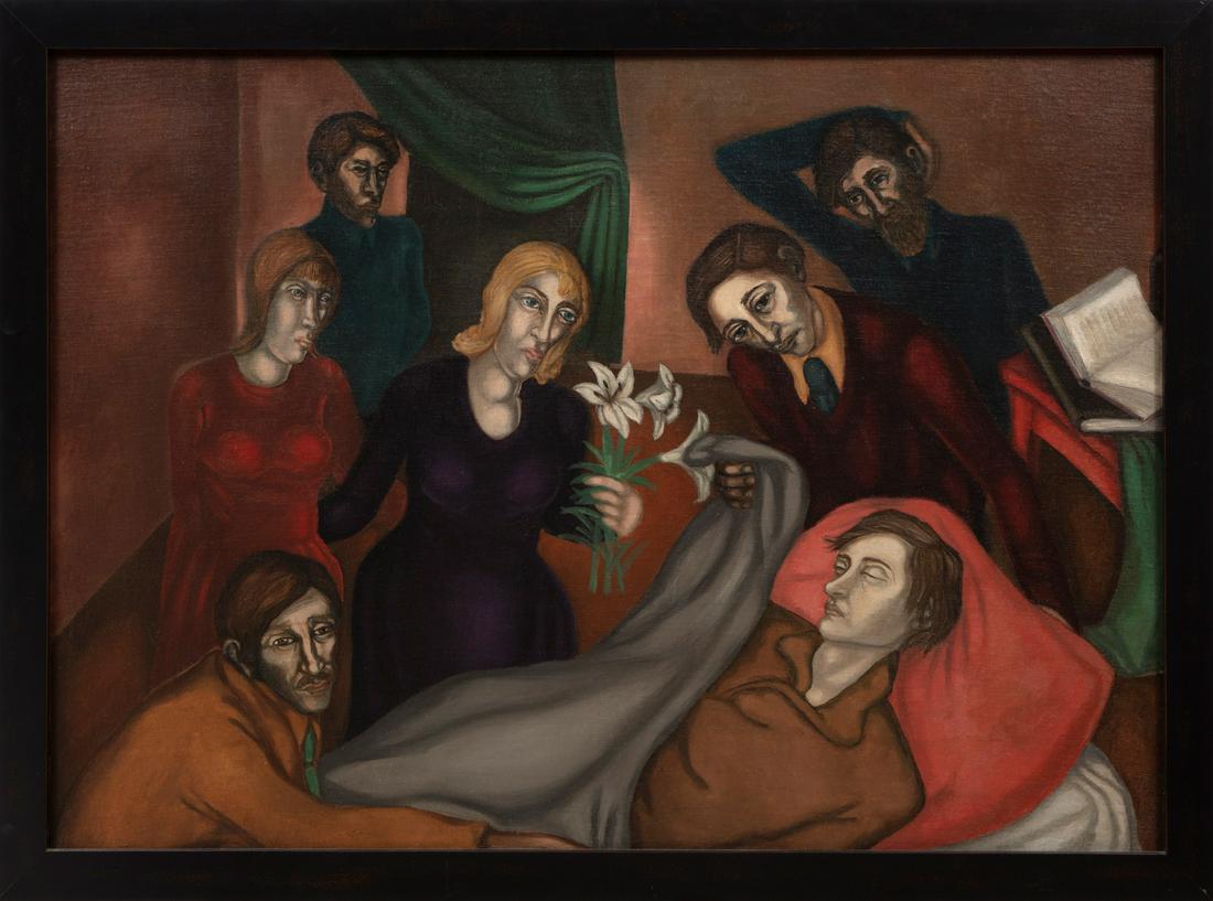 American School, 20th c: American School, 20th c., "Deathbed", oil on canvas, unsigned, "Park Slope Framing and Gallery, Brooklyn, NY" label on reverse of frame, 32 1/2 in. x 44 in., framed. Condition: Overall fair condition.