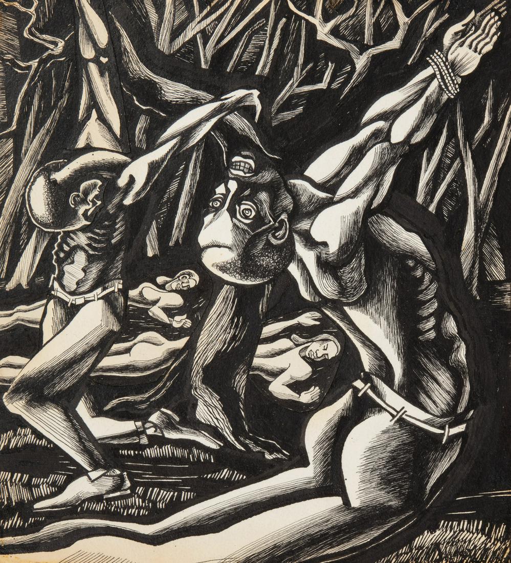 Alfred Statler (American, 1916-1984): Alfred Statler (American, 1916-1984), "Torture", 1946, pen and ink and collage on paper, signed and dated lower right, signed and inscribed en verso, 10 5/8 in. x 9 in., unframed. Condition: Overall f