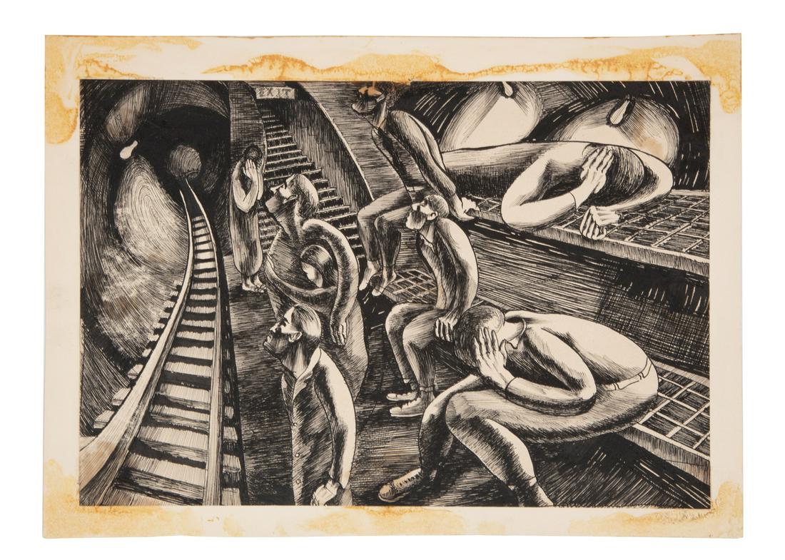 Alfred Statler (American, 1916-1984): Alfred Statler (American, 1916-1984), "Train Station", pen and ink on paper mounted to board, signed and inscribed on reverse of mount, 7 5/8 in. x 11 1/4 in., unframed. Condition: Overall fair condit