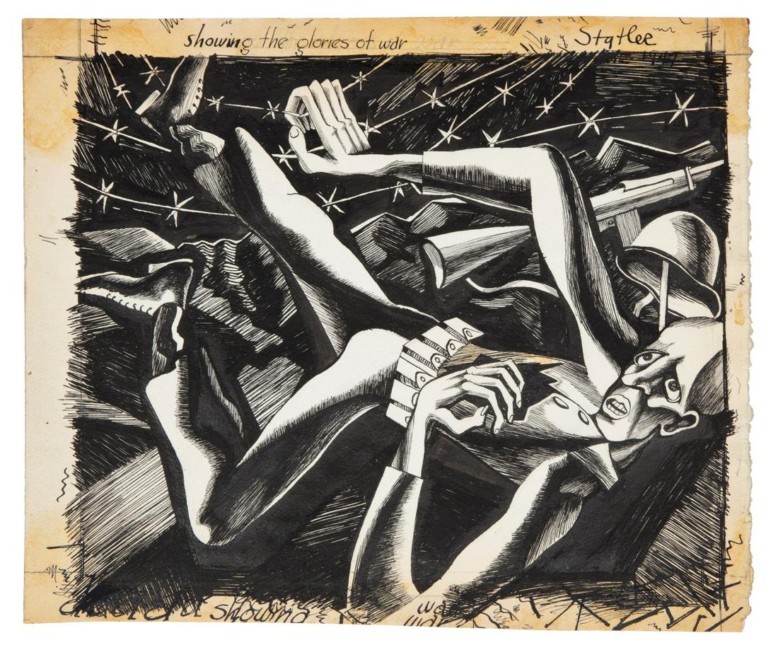 Alfred Statler (American, 1916-1984): Alfred Statler (American, 1916-1984), "Showing the Glories of War", 1947, pen and ink on paper, signed and titled upper margin, signed and dated en verso, 9 1/4 in. x 11 in., unframed. Condition: Over