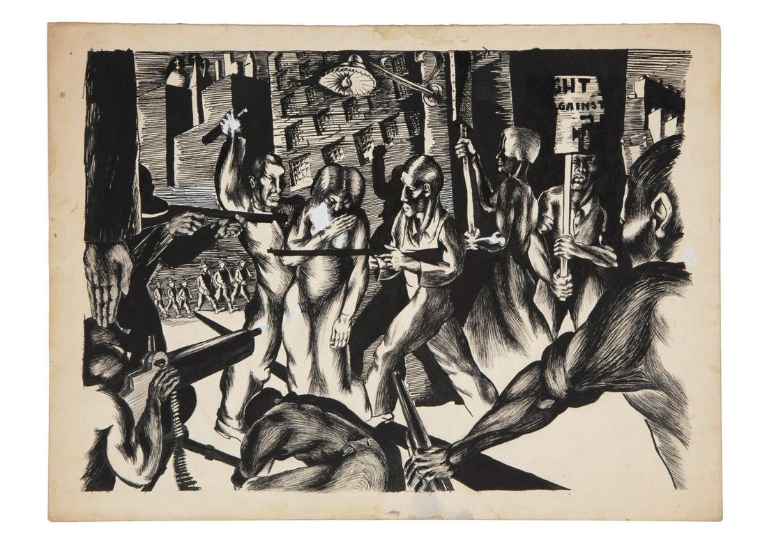Alfred Statler (American, 1916-1984): Alfred Statler (American, 1916-1984), "Street Mob", mixed media on paper, unsigned, 10 1/8 in. x 13 1/2 in., unframed. Condition: Overall fair condition.