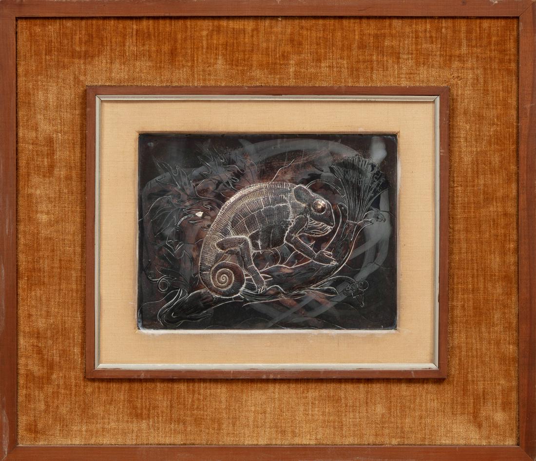 American School, 20th c: American School, 20th c., "Surrealist Scene with Nude Figure", tempera on board, initialed "R.W." lower right, sight 8 3/4 in. x 11 3/4 in., framed in embossed metal and wood case. Condition: Overall 