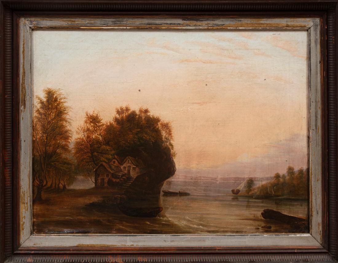 Continental School, 19th c: Continental School, 19th c., "Cabin and Rowboats along the Shore", oil on canvas, unsigned, 18 in. x 24 in., framed. Condition: Overall fair condition. Ext. Frame: 23 in. x 29 1/4 in. x 3 in.