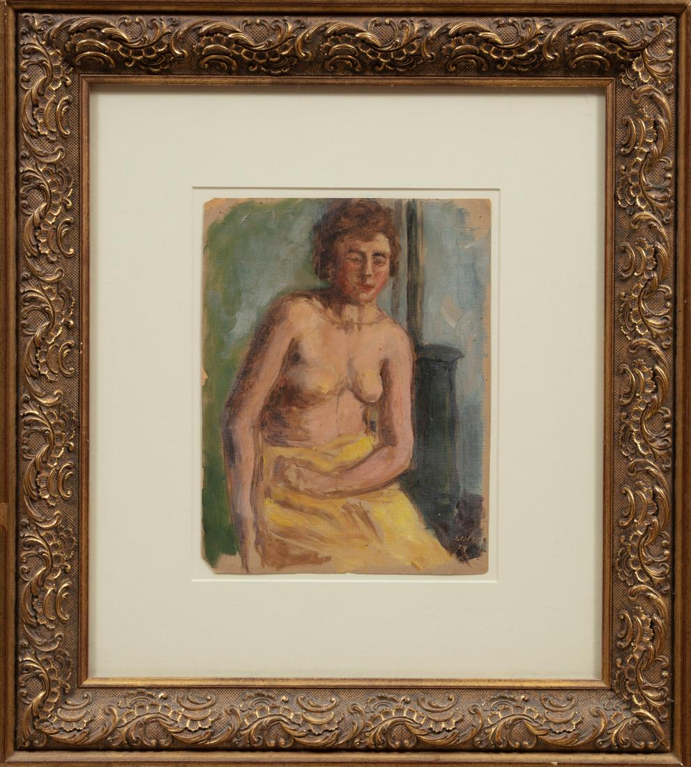 Continental School, 1929: Continental School, 1929, "Seated Nude", oil on paper, dated lower left, partial label in German en verso, 12 in. x 9 3/8 in., framed. Condition: Overall poor condition. Ext. Frame: 24 1/4 in. x 22 1/