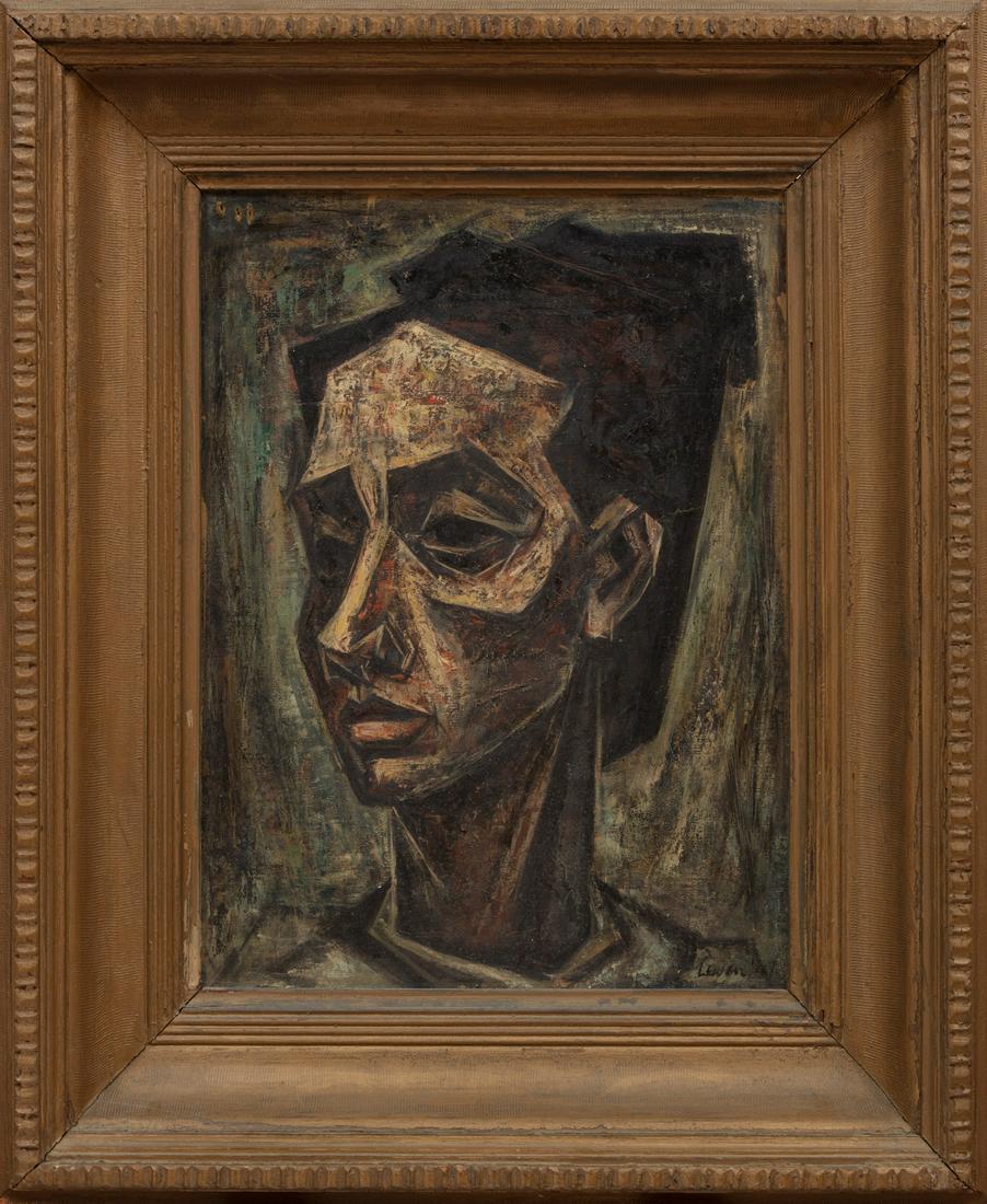 Si Lewen (Polish/New York, 1918-2016): Si Lewen (Polish/New York, 1918-2016), "Girl's Head", 1947, oil on canvas board, signed and dated lower right, handwritten label with artist, title and inscription en verso, 20 in. x 15 in., framed. C