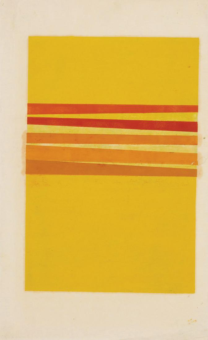 Cora Kelley Ward (American/Louisiana, 1920-1989): Cora Kelley Ward (American/Louisiana, 1920-1989), "Yellow Composition with Lines", serigraph, unsigned, 15 in. x 10 in., unframed. Condition: Overall poor condition.