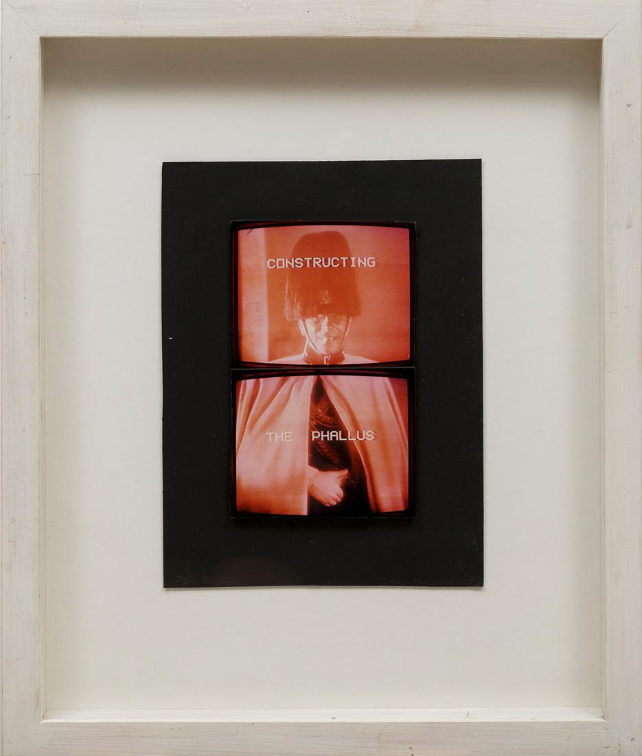 Lew Thomas (American/California, 1932-2021): Lew Thomas (American/California, 1932-2021), "Constructing the Phallus", 1989, mixed media photo collage, pencil-signed and dated lower right, pencil-dedicated "For Adelle" lower left, 16 in. x 13 1/4