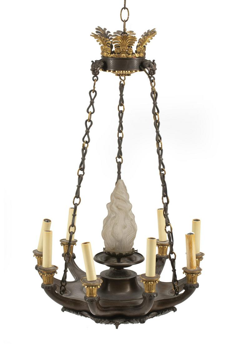 Empire Ten-Light Chandelier: Antique Empire Ten-Light Chandelier, corona cast with palmettes and panthers, body with flame-form shade, h. 33 in., dia. 20 in.