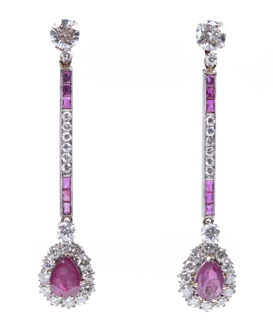 Pair of 14 kt. White Gold, Diamond and Ruby Drop Earrings (1 of 3)