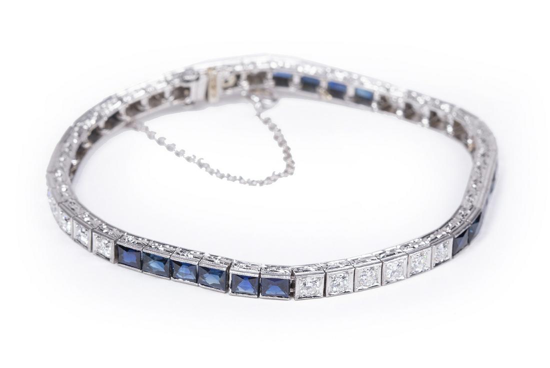 Art Deco 18 kt. White Gold, Diamond and Sapphire Straight Line Bracelet (1 of 3)