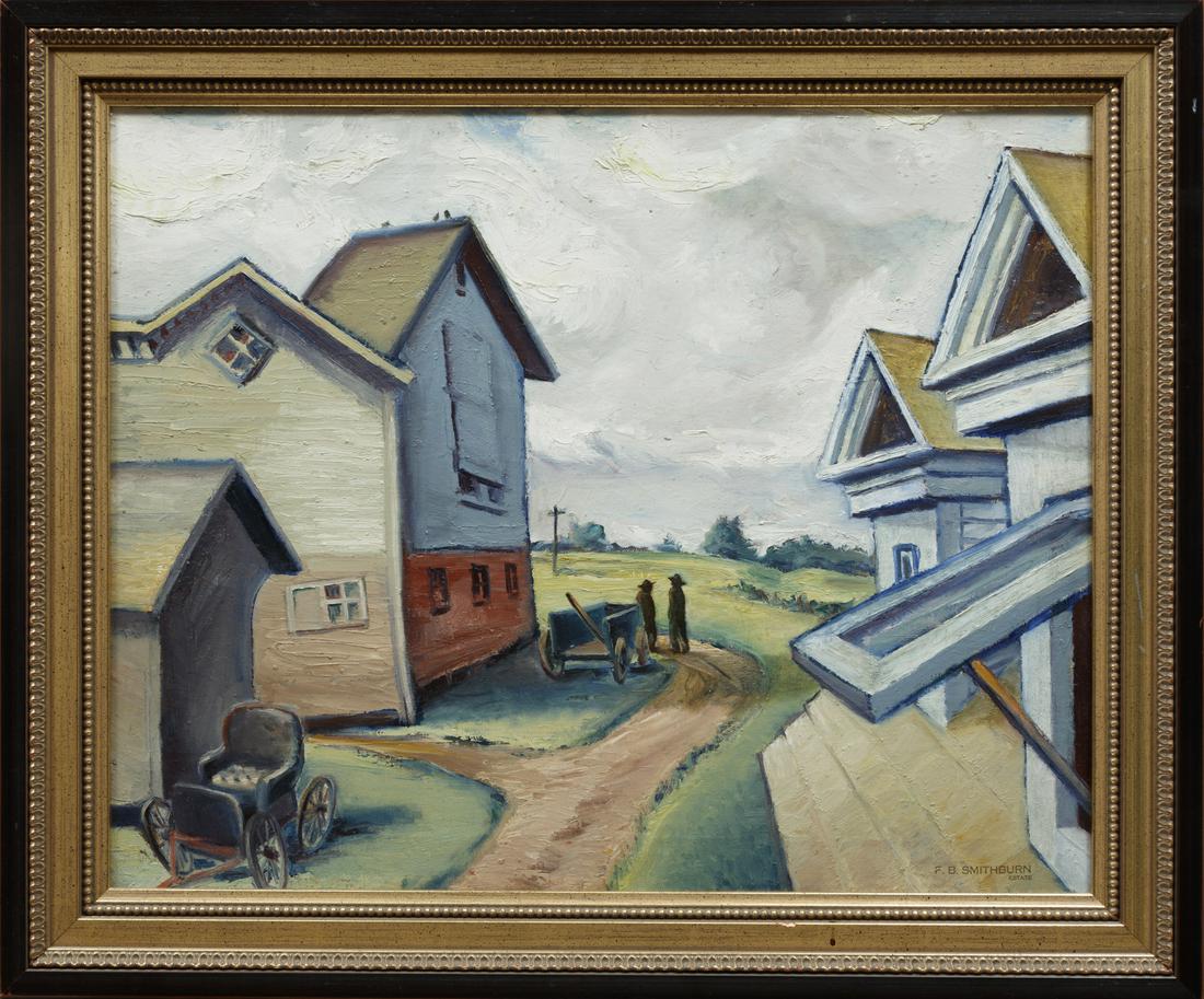Florence Bartley Smithburn (American/Indiana): Florence Bartley Smithburn (American/Indiana, 1904-1989), "On the Path at the Farm", oil on canvas, "F. B. Smithburn Estate" stamp lower right, 20 1/8 in. x 25 in., framed, overall 24 3/4 in. x 29 5/8