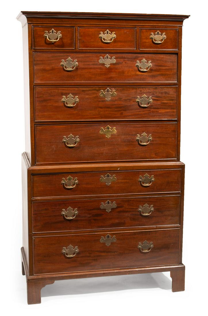 George III Mahogany Chest-on-Chest: George III Mahogany Chest-on-Chest, early 19th c., ogee cornice, three short over three long drawers, base with three graduated drawers, tall bracket feet, h. 70 1/2 in., w. 41 in., d. 22 in. Provenan